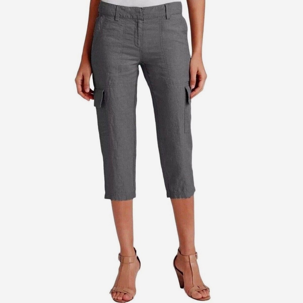 EILEEN FISHER CROPPED CAPRI PANTS Gray Organic Linen Cargo Pockets Casual 10P